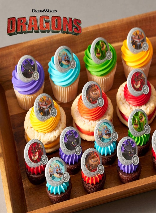 ديكوباك خواتم "كيف تروض تنينك"، 24 قطعة لتزيين الكب كيك، زينة كب كيك بألوان زاهية على شكل درع تنين، آمنة للاستخدام مع الطعام - عبوة من 24 قطعة - Image 4