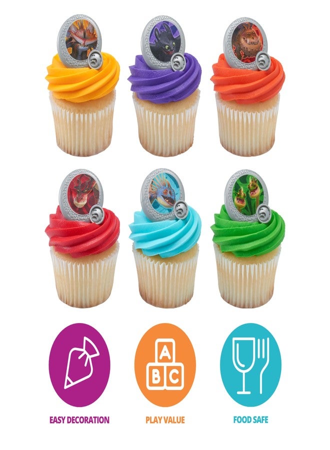 ديكوباك خواتم "كيف تروض تنينك"، 24 قطعة لتزيين الكب كيك، زينة كب كيك بألوان زاهية على شكل درع تنين، آمنة للاستخدام مع الطعام - عبوة من 24 قطعة - Image 2