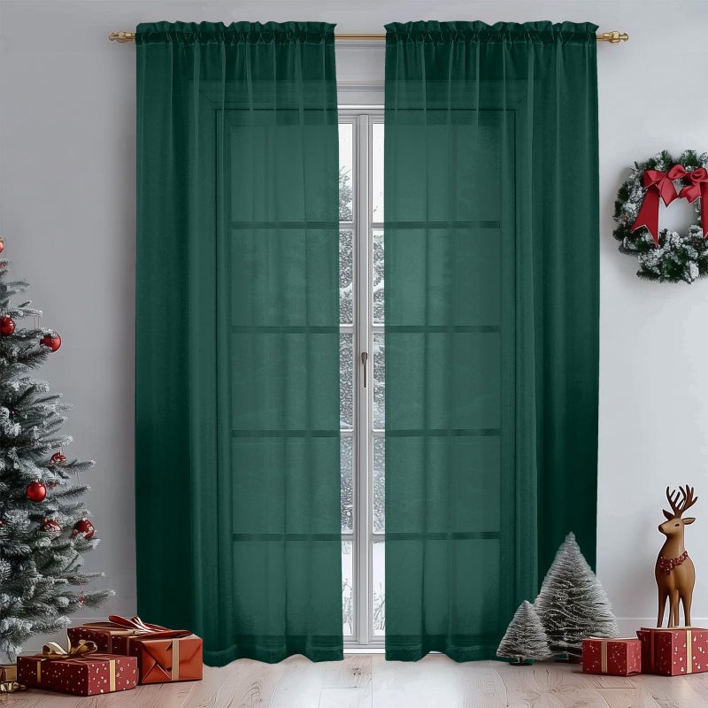 OWENIE Green Sheer Curtains 84 Inches Long for 2 Panels Set for Christmas, Solid Light Filtering Fimly Voile Sheer Curtains for Living Room Bedroom, Hunter Green, 42"x84" - Image 1