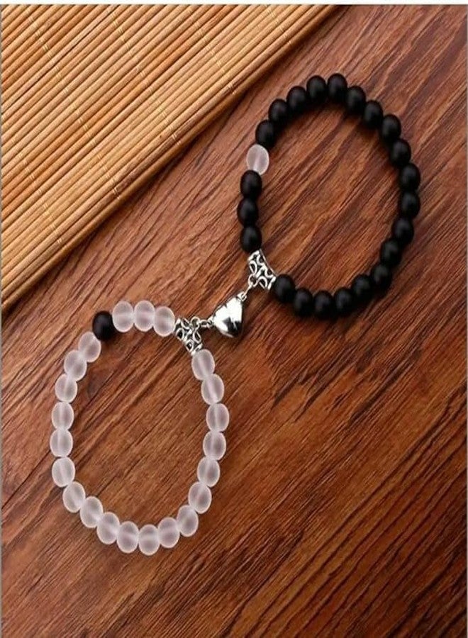 BEAUTIVIA Bracelets Multi Layer Stone Beads Couple-Combo Matching Best Friend Relationship Couple Bracelet heart for gift wife,special one 2 Pcs (White) (Transparent & Black) - Image 2