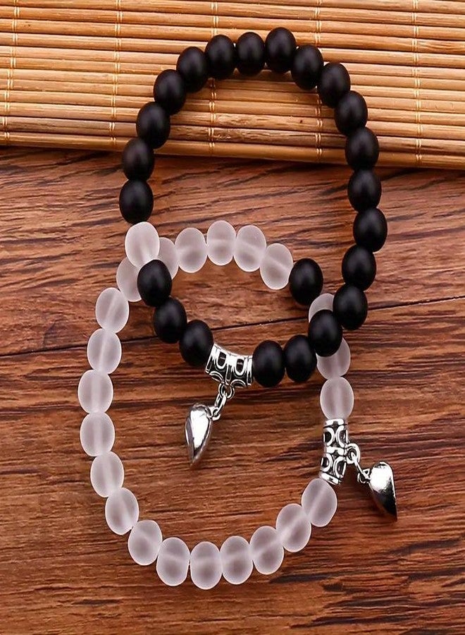 BEAUTIVIA Bracelets Multi Layer Stone Beads Couple-Combo Matching Best Friend Relationship Couple Bracelet heart for gift wife,special one 2 Pcs (White) (Transparent & Black) - Image 3