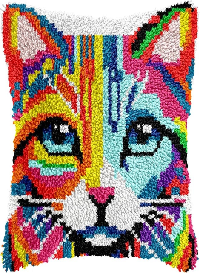 veirousa Colorful Cat Latch Hook Kits for Adults Beginners, Cute Animals Latch Hook Pillow Kit Pre-Printed Latch Hook Rug Kits Cross-Stitch Embroidery Cushion for Home Sofa Decoration 17x17 in. - Image 1
