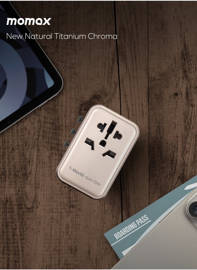Momax UA8 1-World 70W GaN 5 Ports + Multi Plug Travel Adapter Multi Volt 100-250V USB-C / USB-A - Titanium