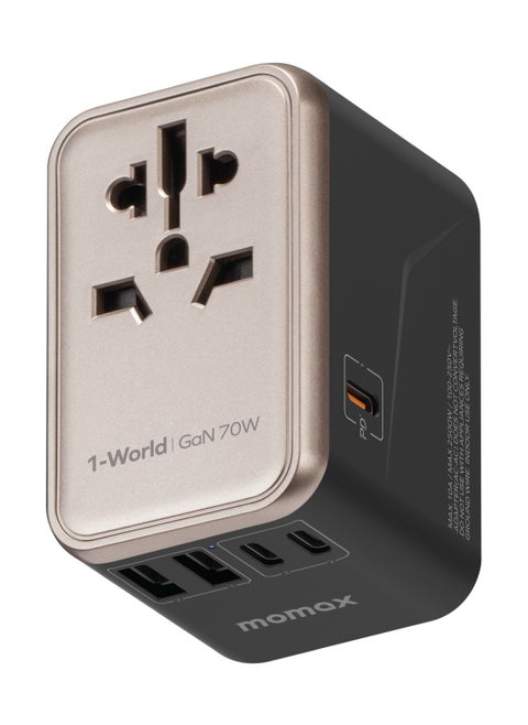 Momax UA8 1-World 70W GaN 5 Ports + Multi Plug Travel Adapter Multi Volt 100-250V USB-C / USB-A - Titanium