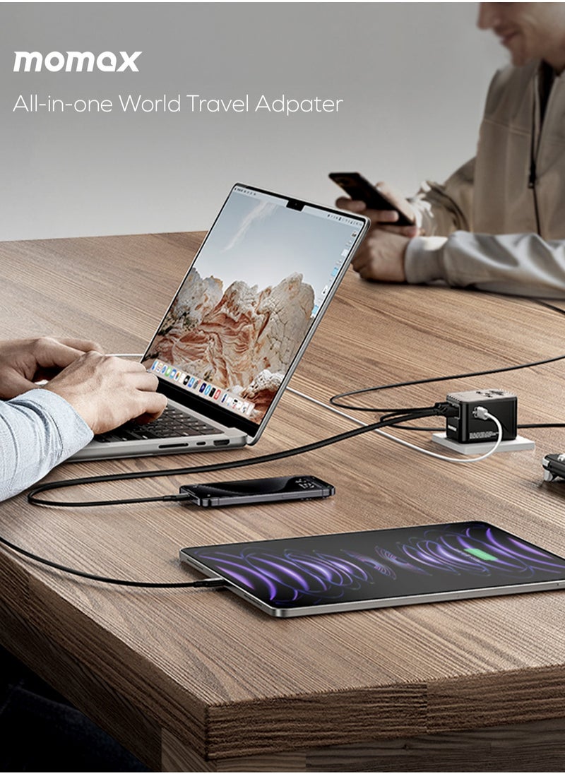 Momax UA8 1-World 70W GaN 5 Ports + Multi Plug Travel Adapter Multi Volt 100-250V USB-C / USB-A - Titanium