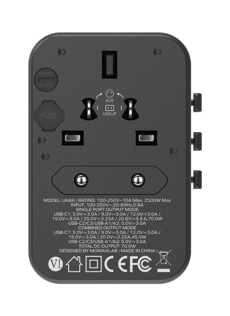 Momax UA8 1-World 70W GaN 5 Ports + Multi Plug Travel Adapter Multi Volt 100-250V USB-C / USB-A - Titanium