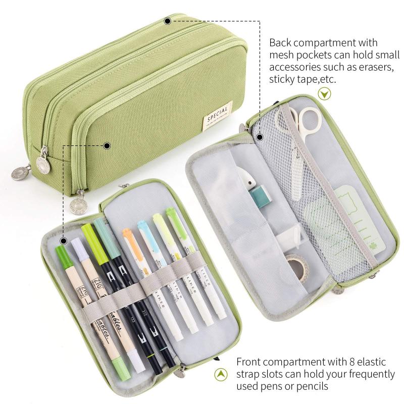 Pencil Case: Green 8.46*2.76*3.54in - Strong Metal Zippers Lightweight Durable Material, 3 Compartments Large Storage Pouch for Students Artists Office Workers Travelers - Image 3