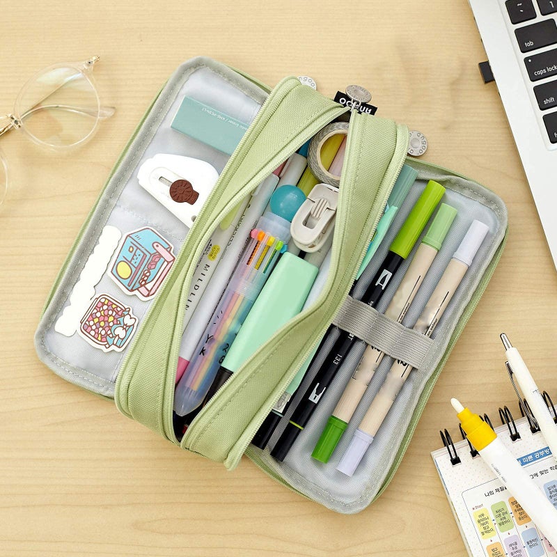 Pencil Case: Green 8.46*2.76*3.54in - Strong Metal Zippers Lightweight Durable Material, 3 Compartments Large Storage Pouch for Students Artists Office Workers Travelers - Image 5