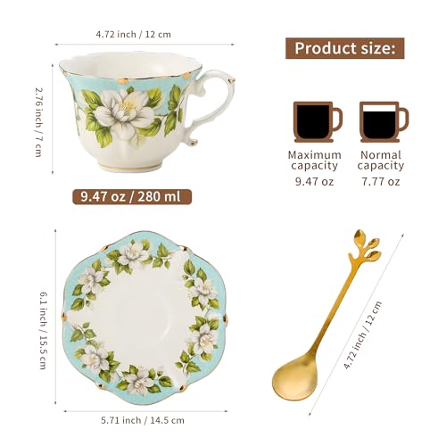 TATSUMI Country Roses Bone China Tea Cup and Saucer Set, 3 Pieces, Vintage Style, For Women and Tea Parties(Light Green, 1 set) - Image 2
