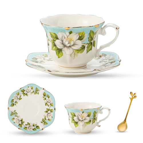 TATSUMI Country Roses Bone China Tea Cup and Saucer Set, 3 Pieces, Vintage Style, For Women and Tea Parties(Light Green, 1 set) - Image 1