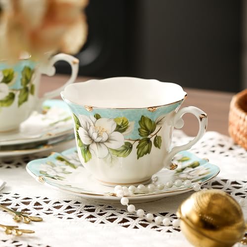 TATSUMI Country Roses Bone China Tea Cup and Saucer Set, 3 Pieces, Vintage Style, For Women and Tea Parties(Light Green, 1 set) - Image 3