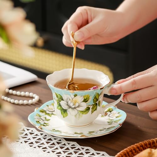 TATSUMI Country Roses Bone China Tea Cup and Saucer Set, 3 Pieces, Vintage Style, For Women and Tea Parties(Light Green, 1 set) - Image 5