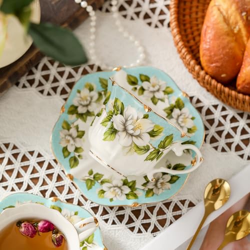 TATSUMI Country Roses Bone China Tea Cup and Saucer Set, 3 Pieces, Vintage Style, For Women and Tea Parties(Light Green, 1 set) - Image 4
