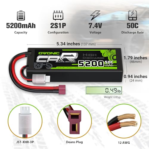OVONIC بطارية ليثيوم بوليمر OVONIC 2S 50C سعة 5200mAh 7.4V مع موصل Dean-Style T للسيارات والشاحنات والقوارب والمركبات - Image 2