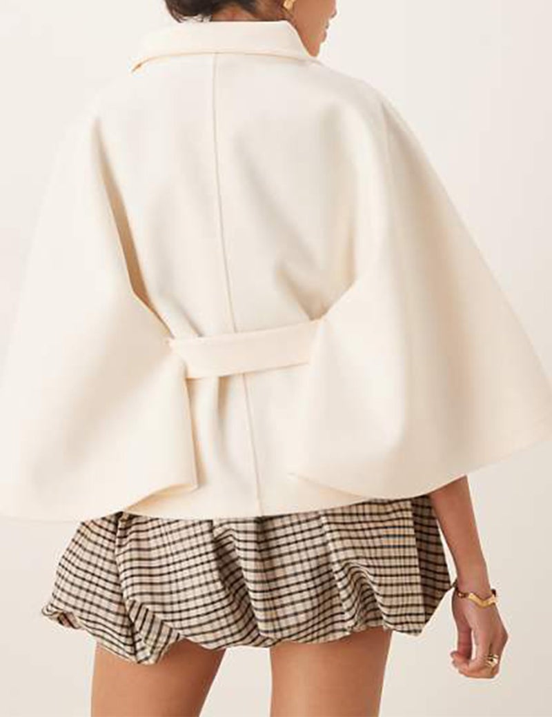 OPCAKM Women's Batwing Sleeve Poncho Coat Oversized Winter Pea Coat Stand Collar Cropped Cape Jacket with Belt(Beige-M) - Image 3