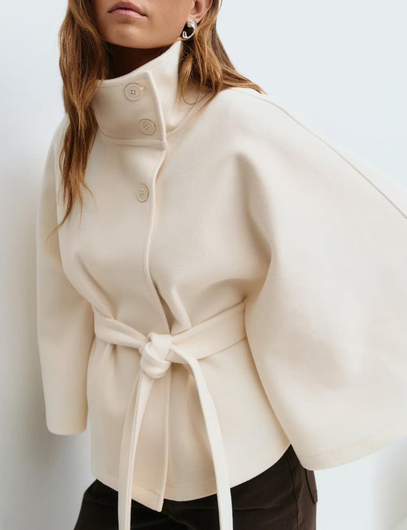 OPCAKM Women's Batwing Sleeve Poncho Coat Oversized Winter Pea Coat Stand Collar Cropped Cape Jacket with Belt(Beige-M) - Image 2