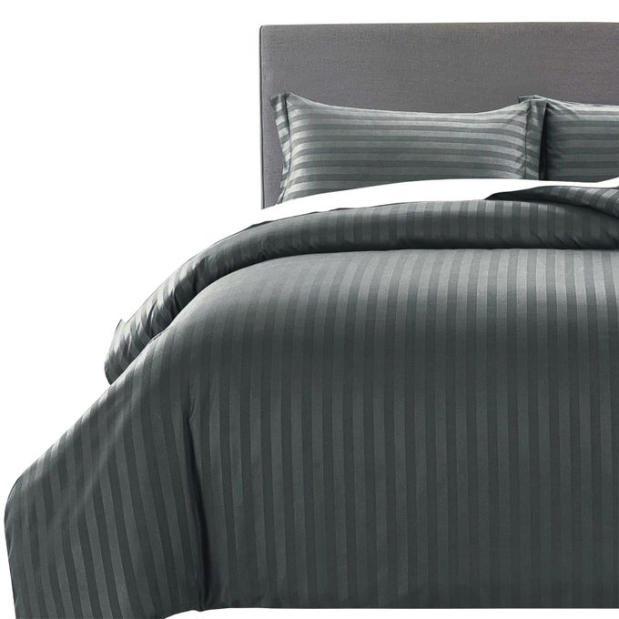 KING SIZE DUVET COVER SETS REVERSIBLE STRIPES SATIN BEDDING SET WITH 2 PILLOWCASES SOFT HYPOALLERGENIC DUVET COVERS CHARCOAL 230X220
