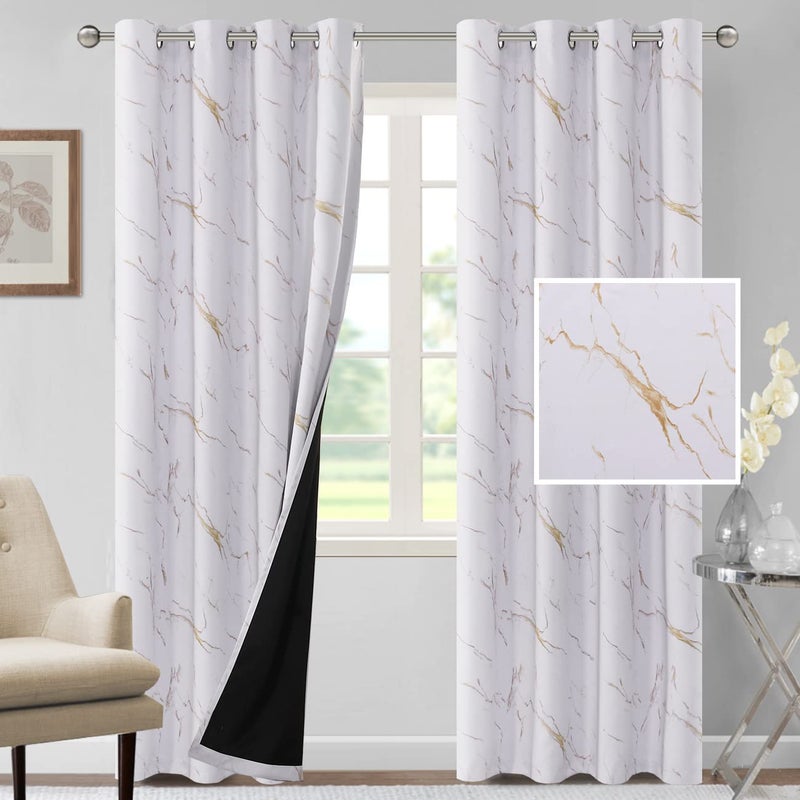 H.VERSAILTEX 100% Blackout Curtains 84 inch Length 2 Panels Set Marble Designs Printed Drapes Thermal Curtains for Bedroom with Black Liner Sound Proof Curtains  Gold - Image 2