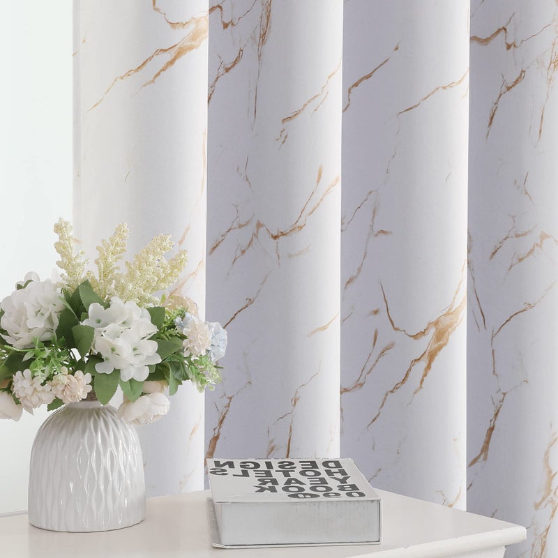 H.VERSAILTEX 100% Blackout Curtains 84 inch Length 2 Panels Set Marble Designs Printed Drapes Thermal Curtains for Bedroom with Black Liner Sound Proof Curtains  Gold - Image 1