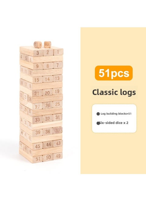 Children's Puzzle Stacking Layered High Cracking Balanced Cracking Building Blocks Stacking Wood Headline Table Game Benefit Intelligence Toys-Color:Wood Color 51 Capsules
