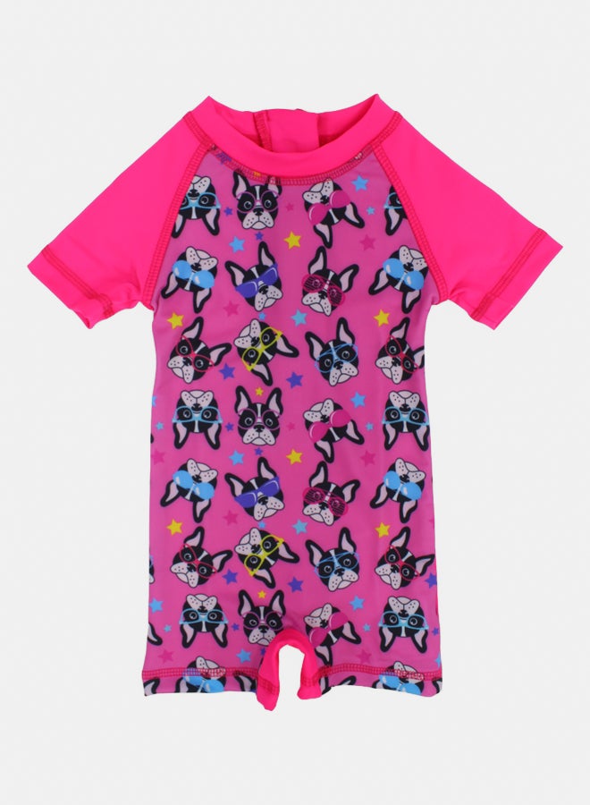 I.Wear I.Wear Baby Girls Swimsuit Overall, Polyester – Fuchsia with Dogs Design - Image 1