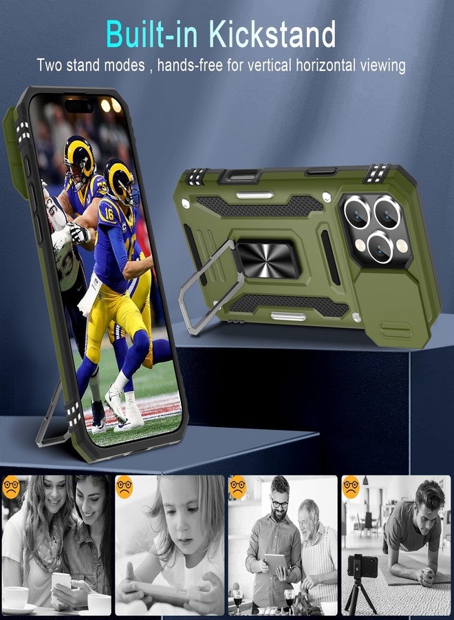 DEERLAMN جراب DEERLAMN لهاتف iPhone 16 Pro مع غطاء كاميرا منزلق + واقي شاشة (عبوتان)، غطاء حماية مقاوم للصدمات من الدرجة العسكرية مع مسند حلقي دوار - أخضر زيتوني - Image 4