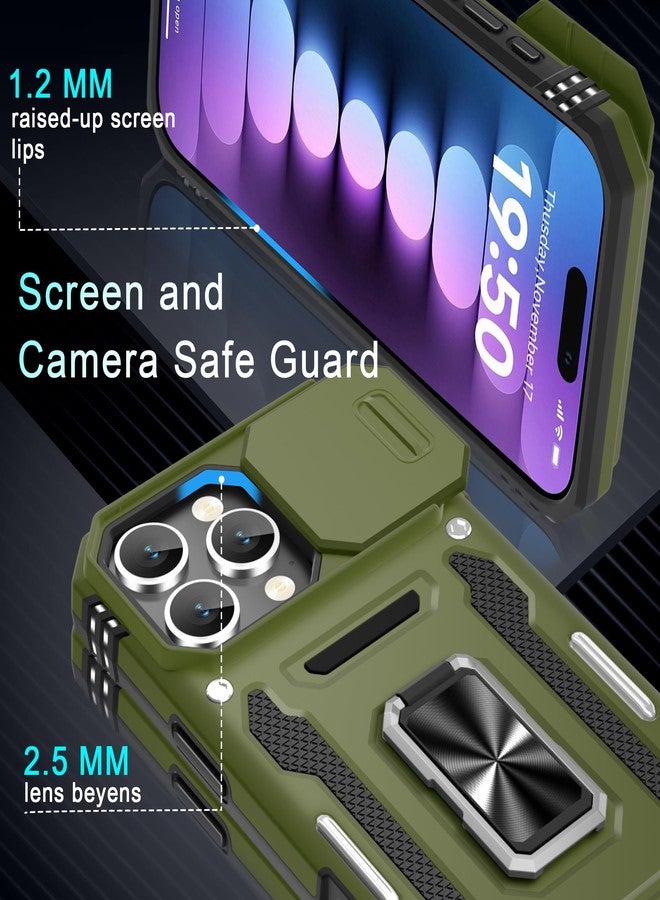DEERLAMN جراب DEERLAMN لهاتف iPhone 16 Pro مع غطاء كاميرا منزلق + واقي شاشة (عبوتان)، غطاء حماية مقاوم للصدمات من الدرجة العسكرية مع مسند حلقي دوار - أخضر زيتوني - Image 5