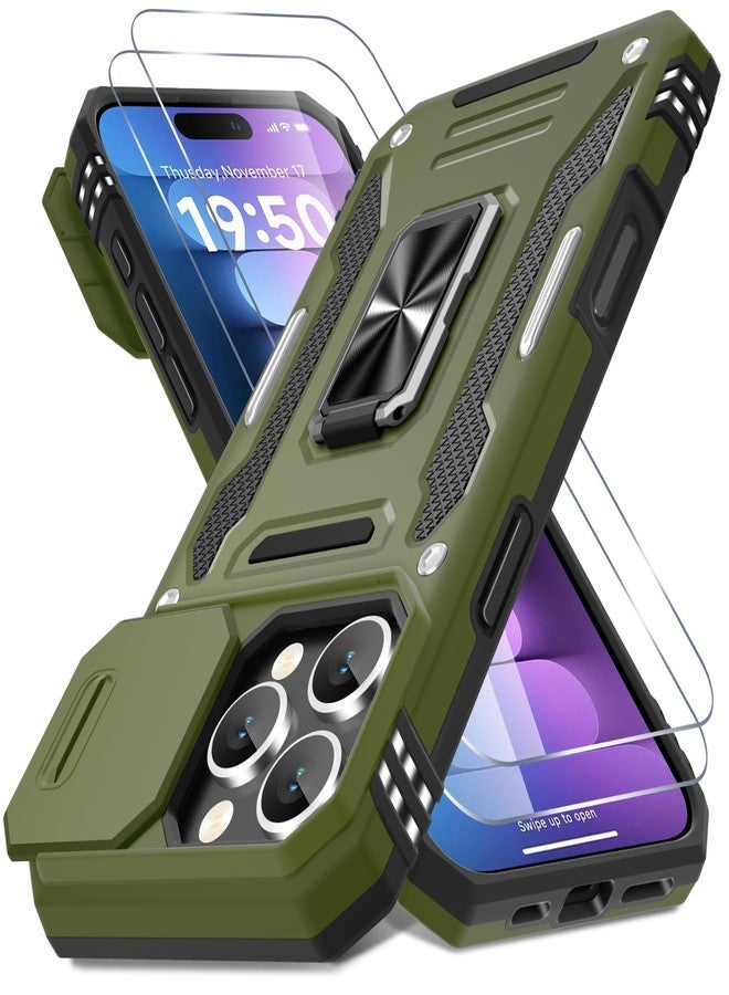 DEERLAMN جراب DEERLAMN لهاتف iPhone 16 Pro مع غطاء كاميرا منزلق + واقي شاشة (عبوتان)، غطاء حماية مقاوم للصدمات من الدرجة العسكرية مع مسند حلقي دوار - أخضر زيتوني - Image 1