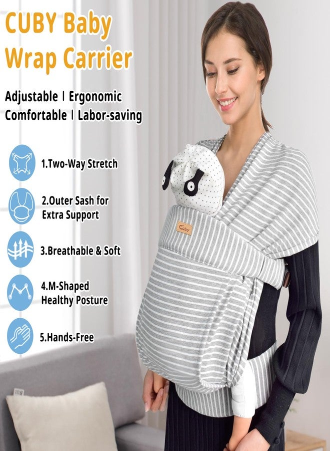 CUBY Baby Wraps Carrier, Skin-Friendly and Soft Cotton Front Newborn Carrier Wrap, One Size Fits All for Newborn Toddlers- Hands Free Baby Wearing Wrap for Travel Outdoor Gifts (Grey Stripe) - Image 2