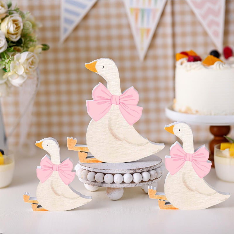 Lineshading 3 Pcs Silly Goose Birthday Party Decoration Pink Bow Wooden Silly Goose Baby Shower Decor Funny Table Centerpiece Gift for Party Favor Desk Tiered Tray, 5.9/4.7/3.9 Inch - Image 2