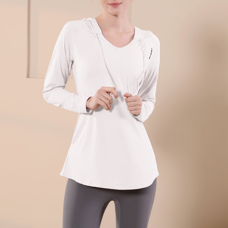Fashionable Loose Slimming Long-sleeved Blouse Hoodie Sweater Breathable Quick-drying Running Fitness Sports Top Yoga Clothes for Women White