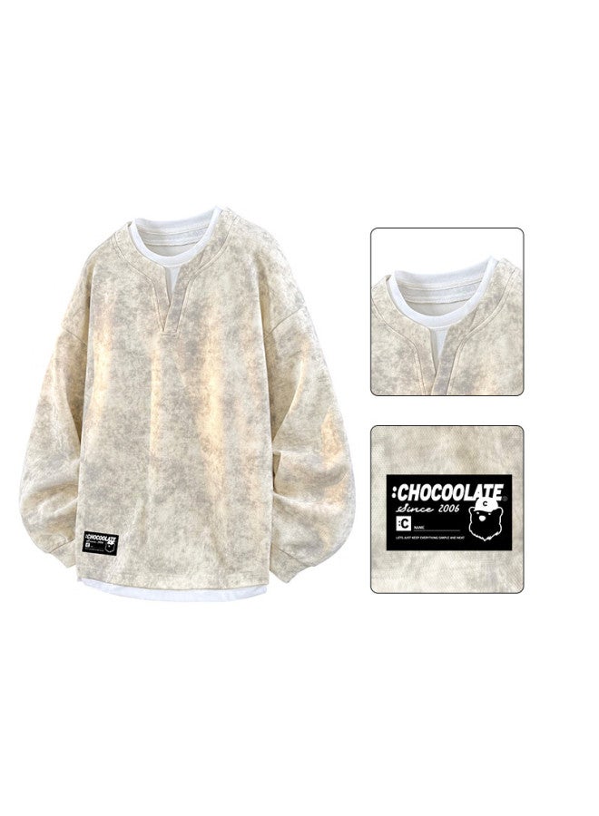 :chocoolate It Fake Two-piece Pullover Hoodie Men's Autumn Winter New American Style Tie-dye Long Sleeve T-shirt Khaki 2XL - Image 1