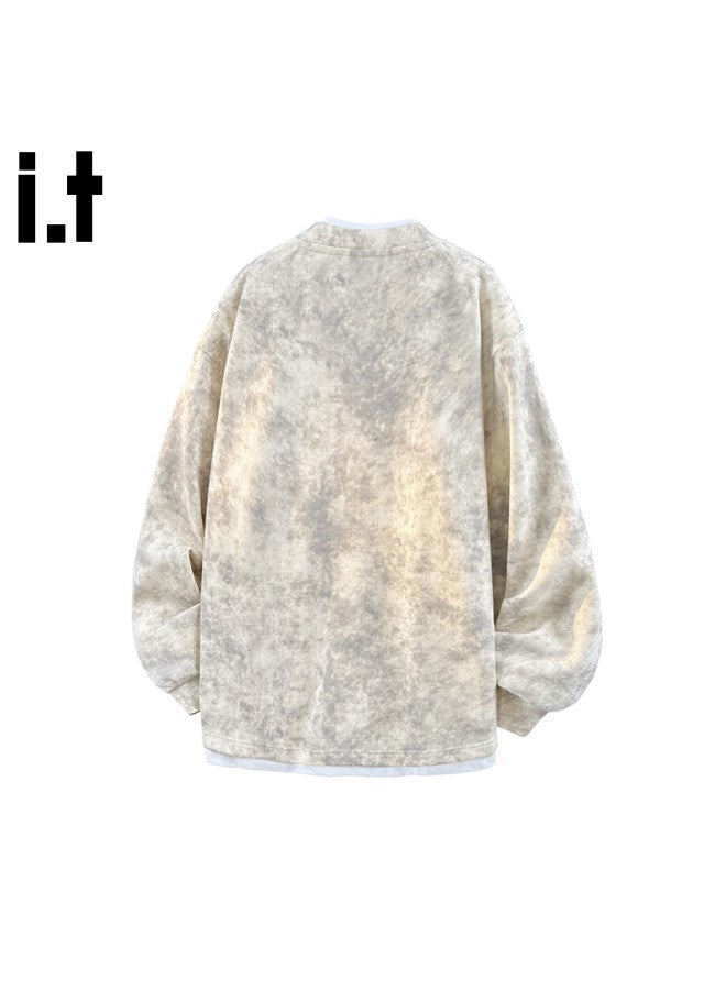 :chocoolate It Fake Two-piece Pullover Hoodie Men's Autumn Winter New American Style Tie-dye Long Sleeve T-shirt Khaki 2XL - Image 2