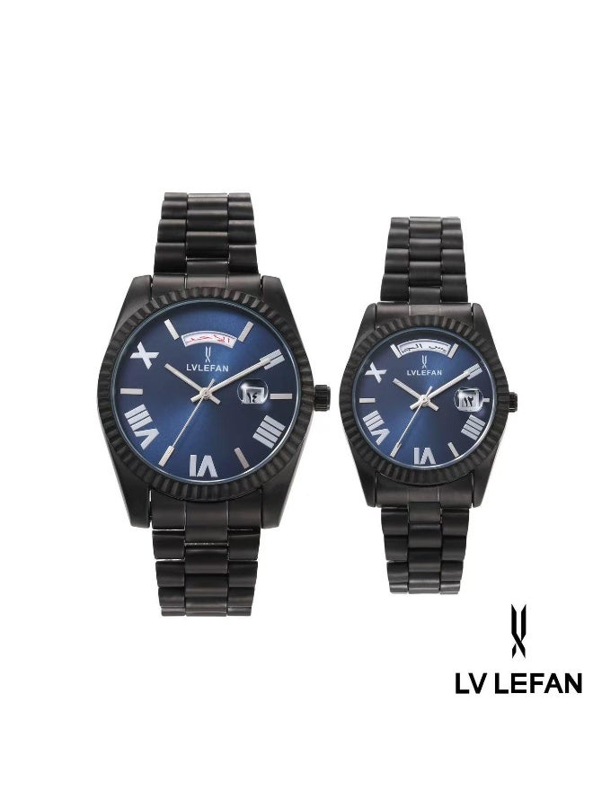 ليفان طقم ساعة يد للزوجين ضد الماء الفولاذ المقاوم للصدأ حزام زوجين الكوارتز ووتش مجموعة، الفاخرة مضيئة للماء التقويم ووتش هدية