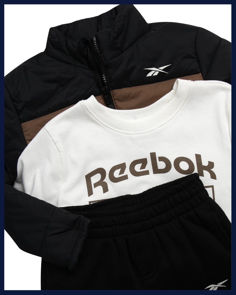 Reebok Baby Boys Pant Set - 3 Piece Quilted Puffer Jacket Boy Jogger Sweatpants and Short Sleeve Graphic Toddler Boy Shirts, Size 5, Otter - Image 4