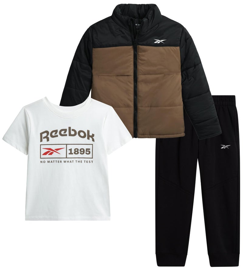 Reebok Baby Boys Pant Set - 3 Piece Quilted Puffer Jacket Boy Jogger Sweatpants and Short Sleeve Graphic Toddler Boy Shirts, Size 5, Otter - Image 1