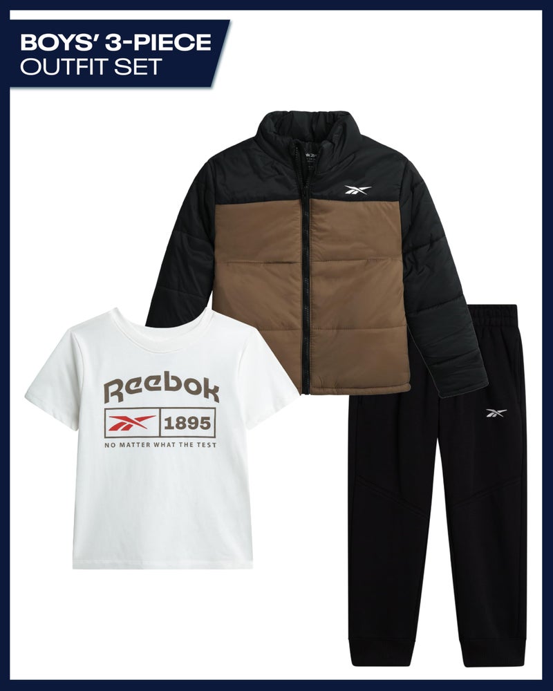 Reebok Baby Boys Pant Set - 3 Piece Quilted Puffer Jacket Boy Jogger Sweatpants and Short Sleeve Graphic Toddler Boy Shirts, Size 5, Otter - Image 2