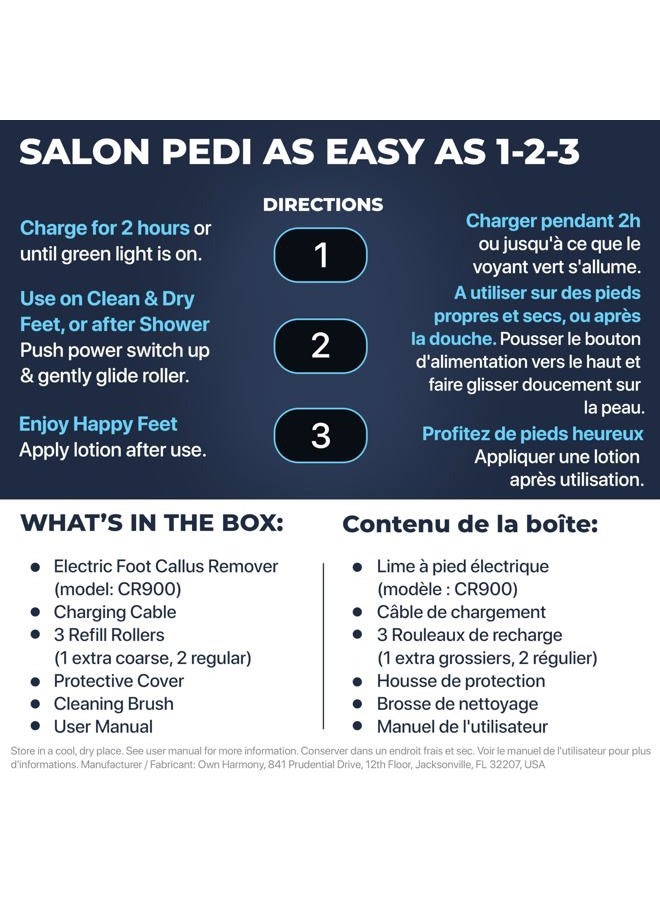 Own Harmony Electric Foot Callus Remover: Rechargeable Foot Scrubber File CR900 by Own Harmony - Best Pedicure Tools w 3 Rollers, Professional Pedi Feet Care Sander for Cracked Heels and Dead Skin (USB Cable) - Image 4