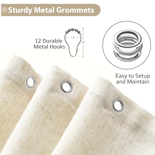 Jowels Natural Linen Shower Curtain with 12 Metal Hooks Modern Boho Neutral Thick Cloth Waterproof Bath Decor Beige Shower Curtain for Bathroom Hotel Bathtub, Cream, 72 Inch - Image 5