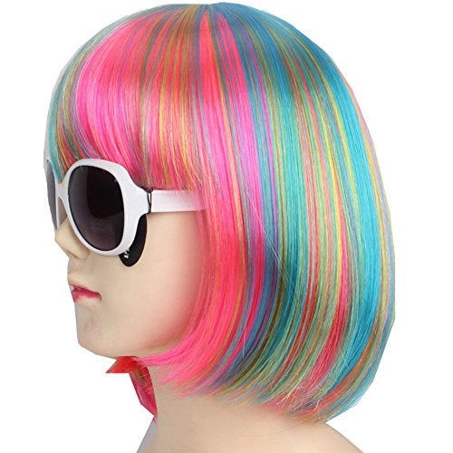 KOLIGHT Fashion Colorful Short Straight Halloween Wigs Women Girls Replacement Cosplay Costume Hair Wigs with Cap+Comb (Blue) - Image 2