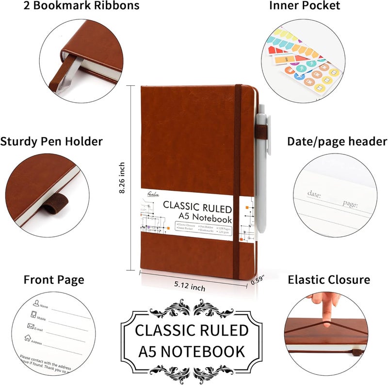 Feela 3 Pack Notebooks Journals Bulk with 3 Black Pens, A5 Hardcover Notebook Classic Ruled Lined Journal Set with Pen Holder for Work Business Journaling Note Taking, 120 GSM, 5.1”x8.3”, Brown - Image 2
