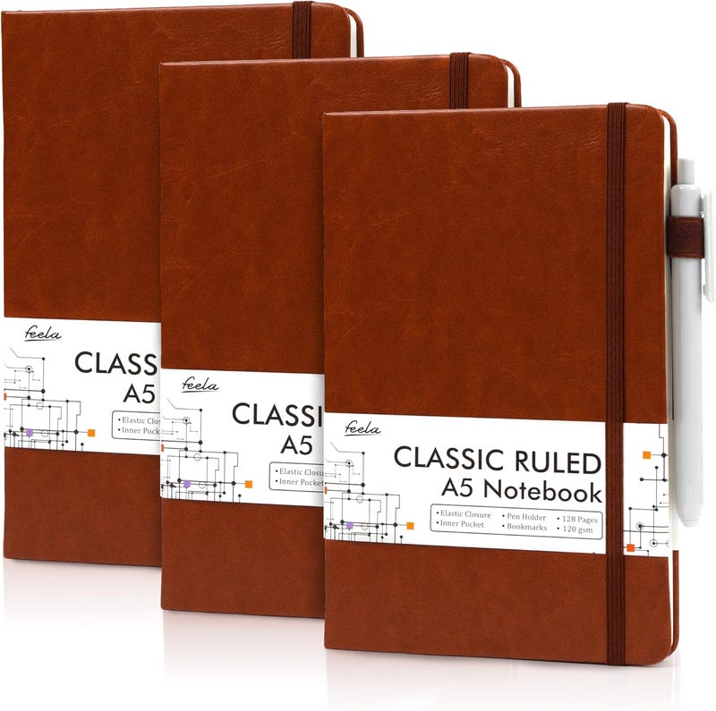 Feela 3 Pack Notebooks Journals Bulk with 3 Black Pens, A5 Hardcover Notebook Classic Ruled Lined Journal Set with Pen Holder for Work Business Journaling Note Taking, 120 GSM, 5.1”x8.3”, Brown - Image 1