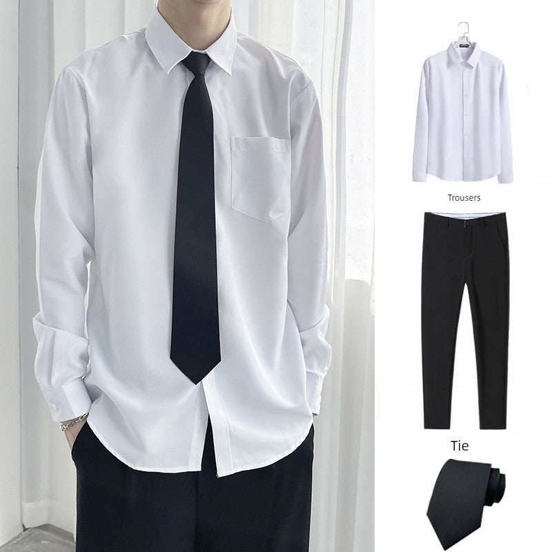 White long-sleeved shirt, loose solid color, male student, DK uniform, short-sleeved tie, graduation shirt suit, trousers - Image 2
