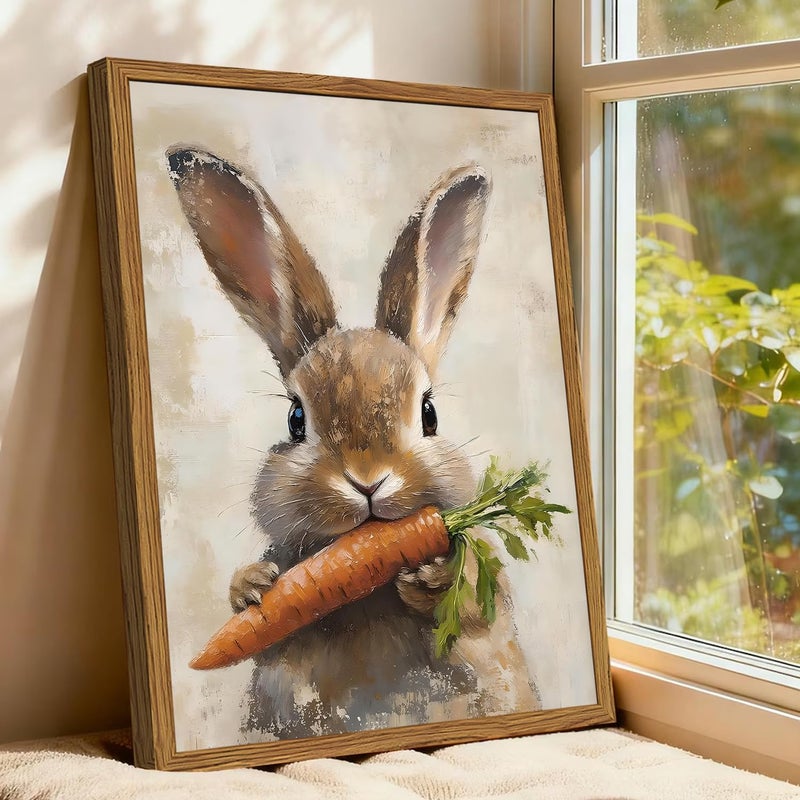 Hwetui Framed Vintage Rabbit Canvas Wall Art, Cute Easter Bunny with Carrot Pictures Wall Decor, Spring Farmhouse Animal Paintings Prints Cottagecore Home Decor for Living Room kitchen Nursery 12x16 inch - Image 4