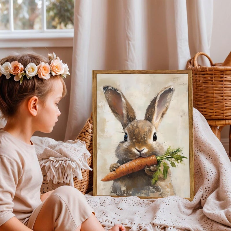 Hwetui Framed Vintage Rabbit Canvas Wall Art, Cute Easter Bunny with Carrot Pictures Wall Decor, Spring Farmhouse Animal Paintings Prints Cottagecore Home Decor for Living Room kitchen Nursery 12x16 inch - Image 5