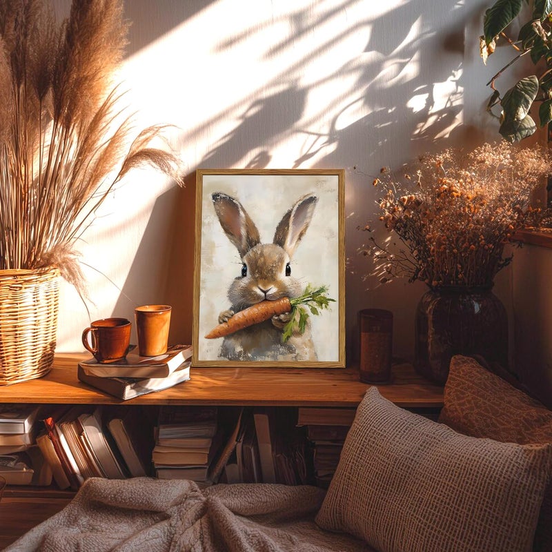 Hwetui Framed Vintage Rabbit Canvas Wall Art, Cute Easter Bunny with Carrot Pictures Wall Decor, Spring Farmhouse Animal Paintings Prints Cottagecore Home Decor for Living Room kitchen Nursery 12x16 inch - Image 2