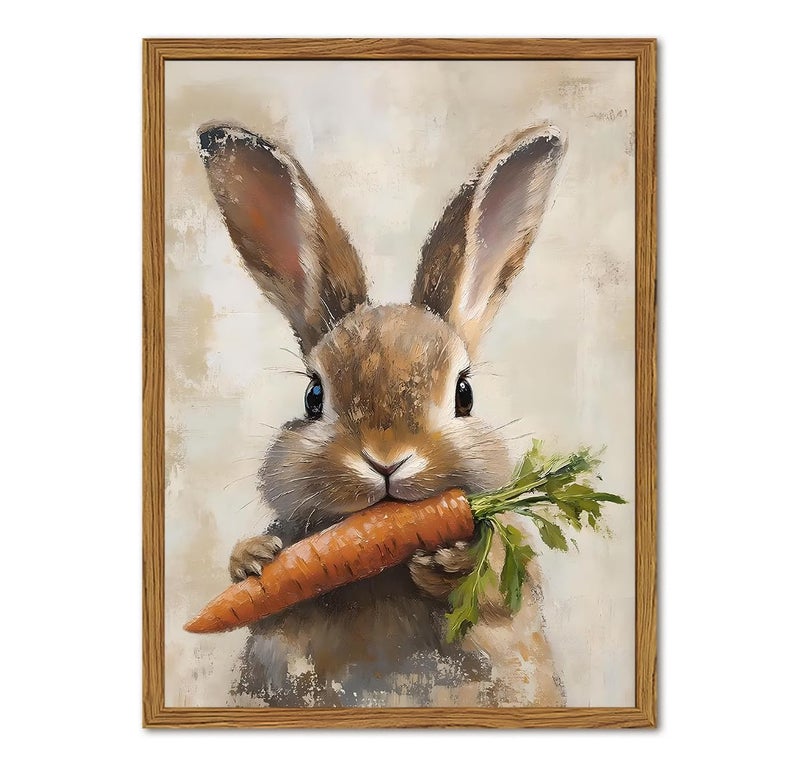 Hwetui Framed Vintage Rabbit Canvas Wall Art, Cute Easter Bunny with Carrot Pictures Wall Decor, Spring Farmhouse Animal Paintings Prints Cottagecore Home Decor for Living Room kitchen Nursery 12x16 inch - Image 1