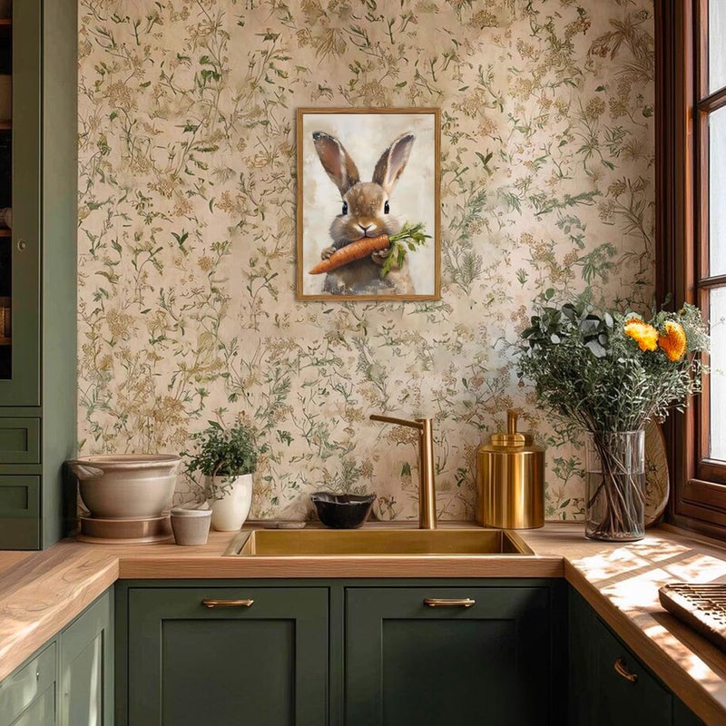 Hwetui Framed Vintage Rabbit Canvas Wall Art, Cute Easter Bunny with Carrot Pictures Wall Decor, Spring Farmhouse Animal Paintings Prints Cottagecore Home Decor for Living Room kitchen Nursery 12x16 inch - Image 3