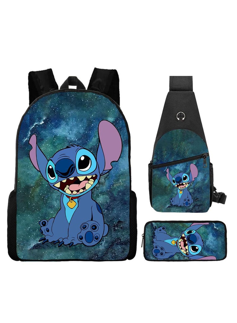general 3-Piece Cartoon Stitch 3D Print Backpack Set - Image 1