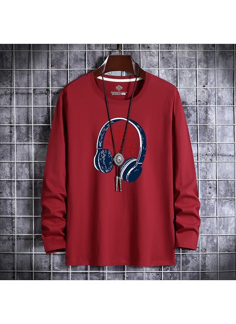 Mens Long Sleeve T-Shirt Casual Printing Large Size Base Layer Round Neck Slimming Trendy Top For Winter Without Cap Wine Red